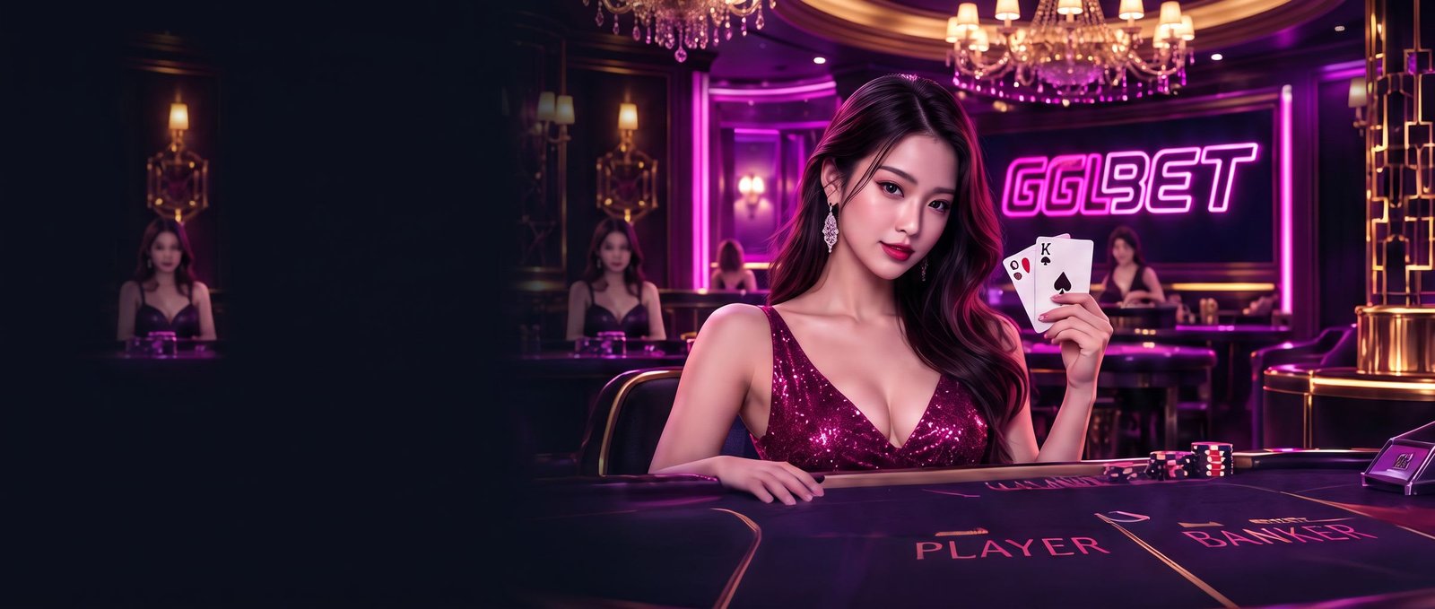 Dealer GGLBET memegang kad di meja bakarat