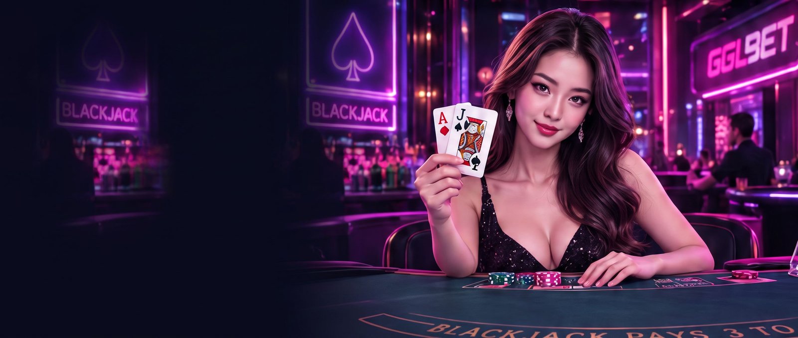 Dealer GGLBET memegang kad ace dan jack di meja blackjack