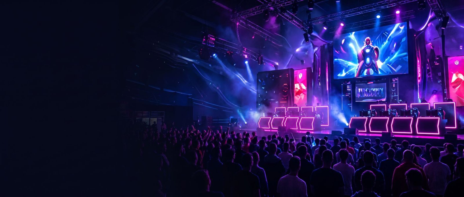 Esports arena with team booths and big screens