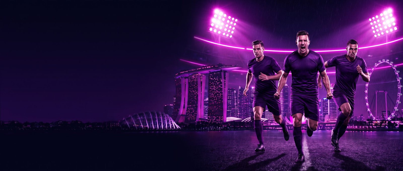 Pemain bola sepak meluru ke hadapan dengan latar langit Singapura – bonus alu-aluan bola sepak GGLBET