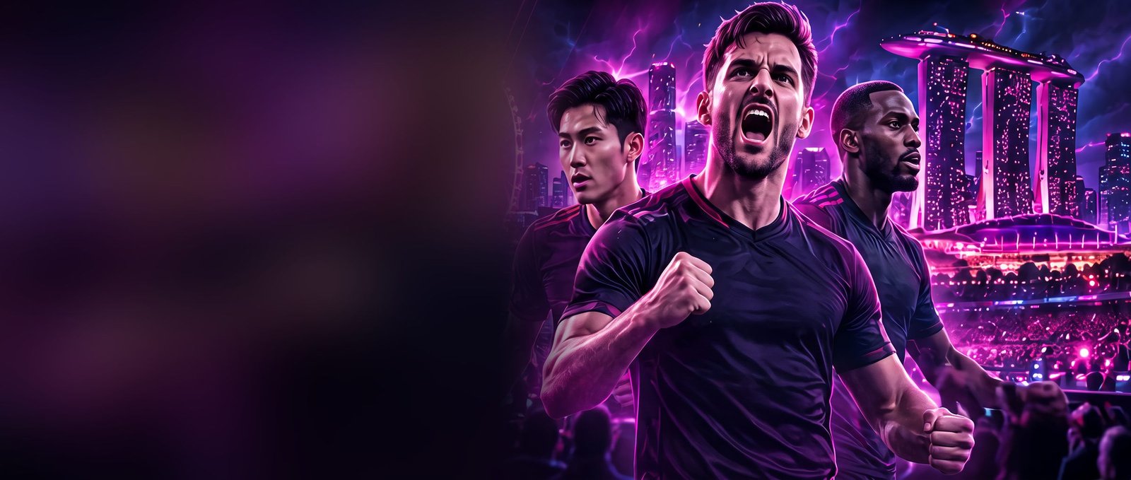Pemain bola sepak bersorak gembira di hadapan latar langit Singapura pada waktu malam