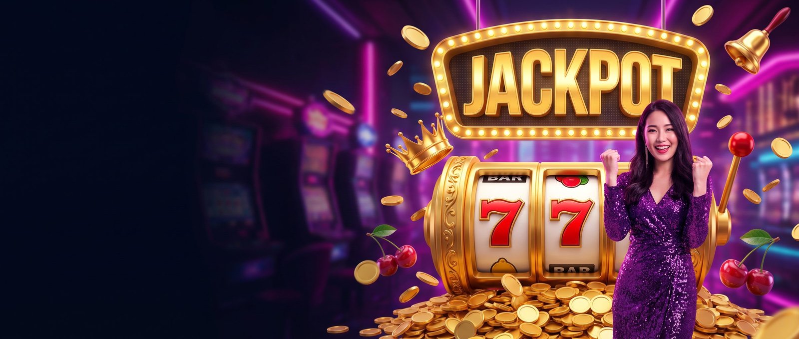 GGLBET 女主持人站在带皇冠的霓虹奖池老虎机旁