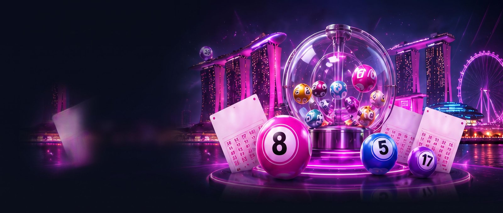 新加坡天际线前发光的彩票摇奖机与号码球