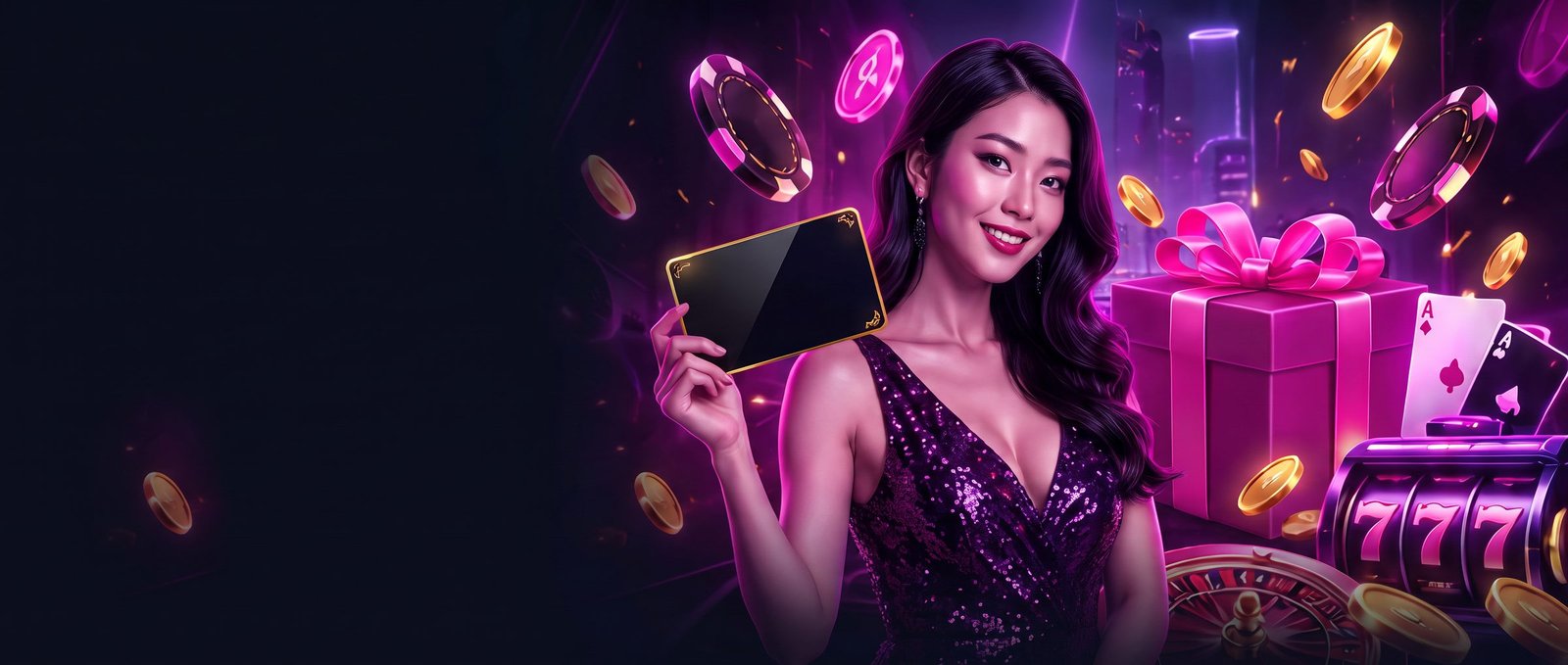 GGLBET 女主持手持卡片，旁边是礼盒、金币和老虎机