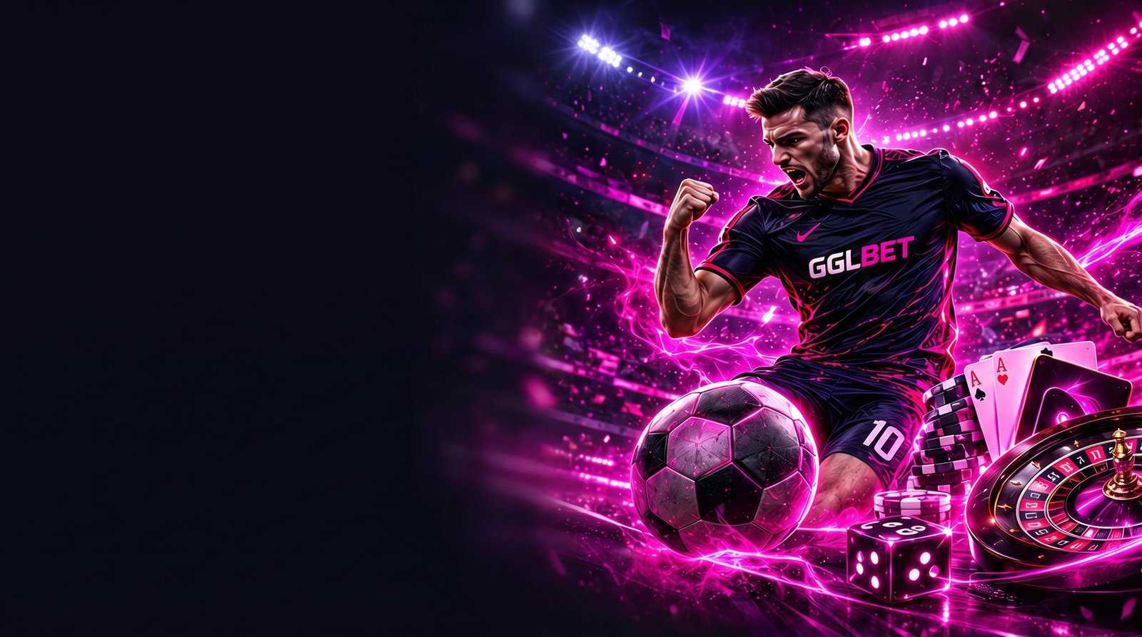 GGLBET football player with chips, cards and roulette