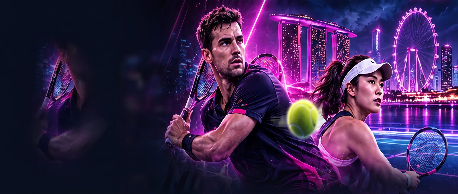 Pemain tenis di hadapan latar langit Singapura pada waktu malam