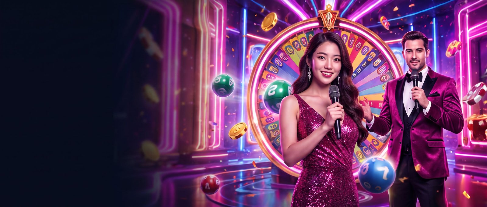 Hos rancangan permainan GGLBET di sebelah roda hadiah neon gergasi